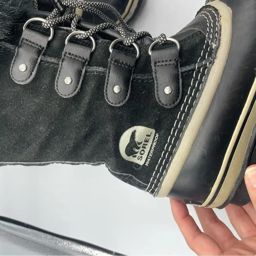 Sorel Youth Joan Of Arctic Black Oyster Duck Boots Winter Fur Lined Size 2